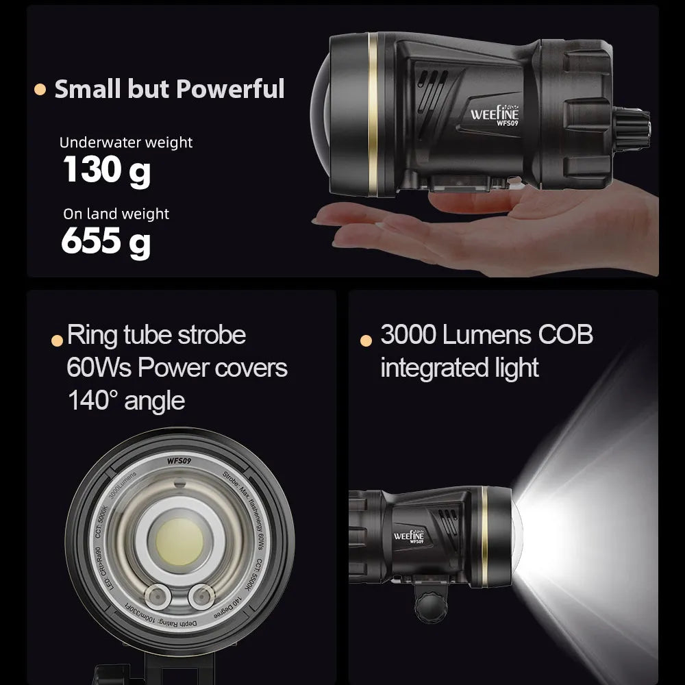 Weefine WFS09 Ring Strobe & 3000-Lumen Video Light Scuba Diving Waterproof Flash Underwater Photography Video Lamp