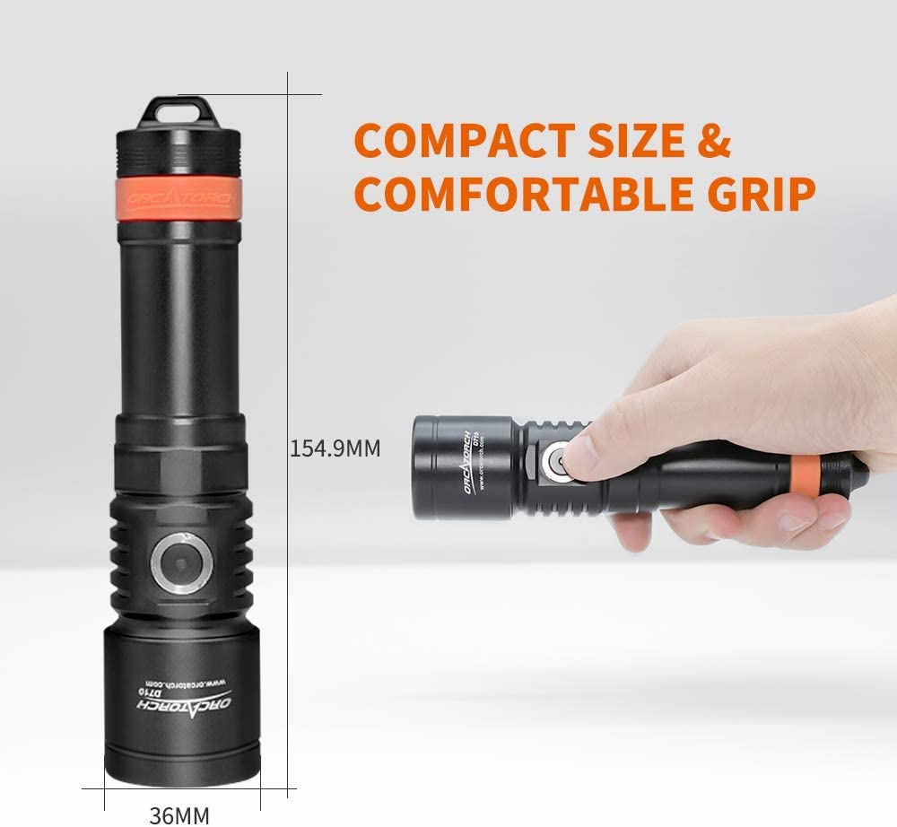 OrcaTorch D710 Scuba Diving Light 3000 Lumen Underwater Flashlight with 6 Degrees Narrow Beam IP68 Waterproof Night Dive Torch 150 Meters Submersible Light