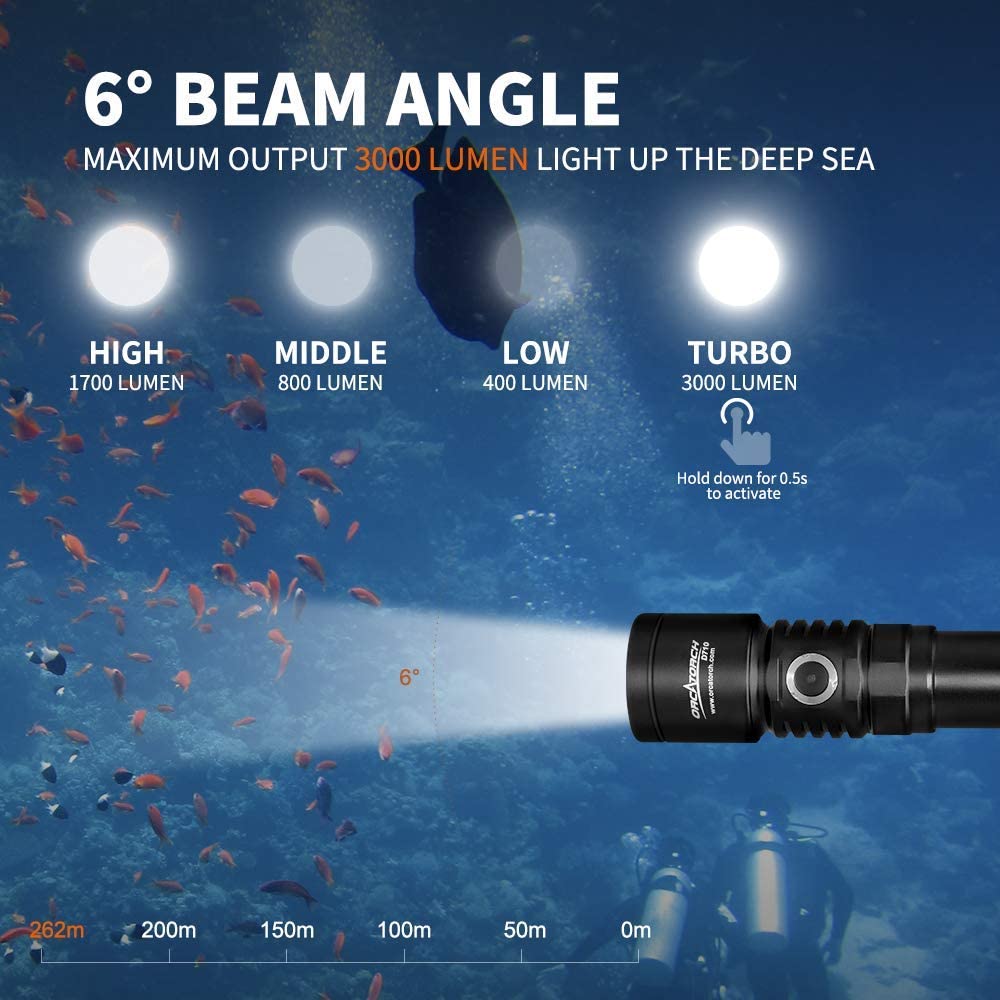 OrcaTorch D710 Scuba Diving Light 3000 Lumen Underwater Flashlight with 6 Degrees Narrow Beam IP68 Waterproof Night Dive Torch 150 Meters Submersible Light