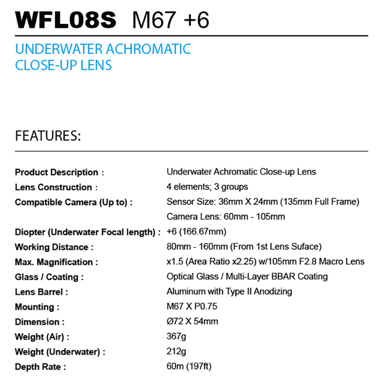 Weefine WFL08S Diving Gear Close-up Len M67+6