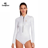 SaveOcean 1.5mm Glossy White Front-Zipper Bikini Wetsuit Long-Sleeve Suit