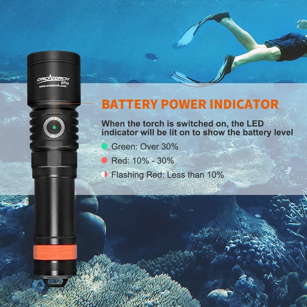 OrcaTorch D710 Scuba Diving Light 3000 Lumen Underwater Flashlight with 6 Degrees Narrow Beam IP68 Waterproof Night Dive Torch 150 Meters Submersible Light