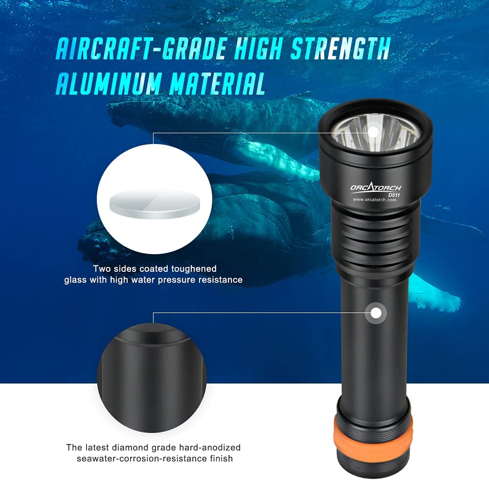 OrcaTorch D511 Scuba Diving Light 2200-Lumen Underwater Flashlight with 8 Spot Degrees Beam IP68 Waterproof Night Dive Torch
