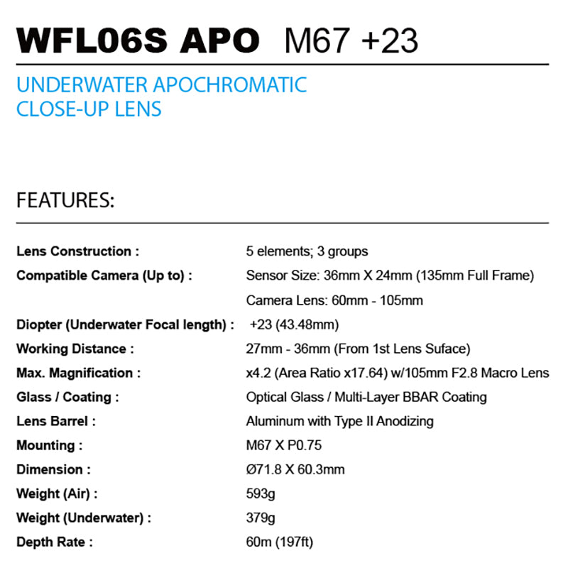 Weefine WFL06S Diving Equipment APO +23 Close-up Lens M67+23
