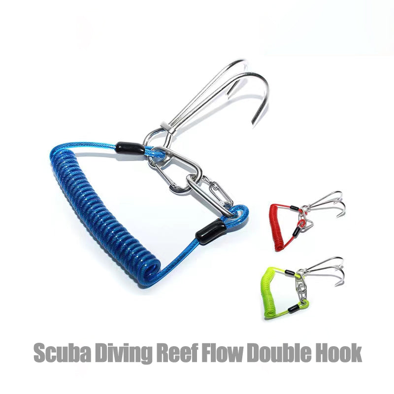 Scuba Diving Drift Reef Flow Hook Double Hook with Spiral Coil Lanyard 316 Stainless Steel Quick-Release Buckle for Current Dive