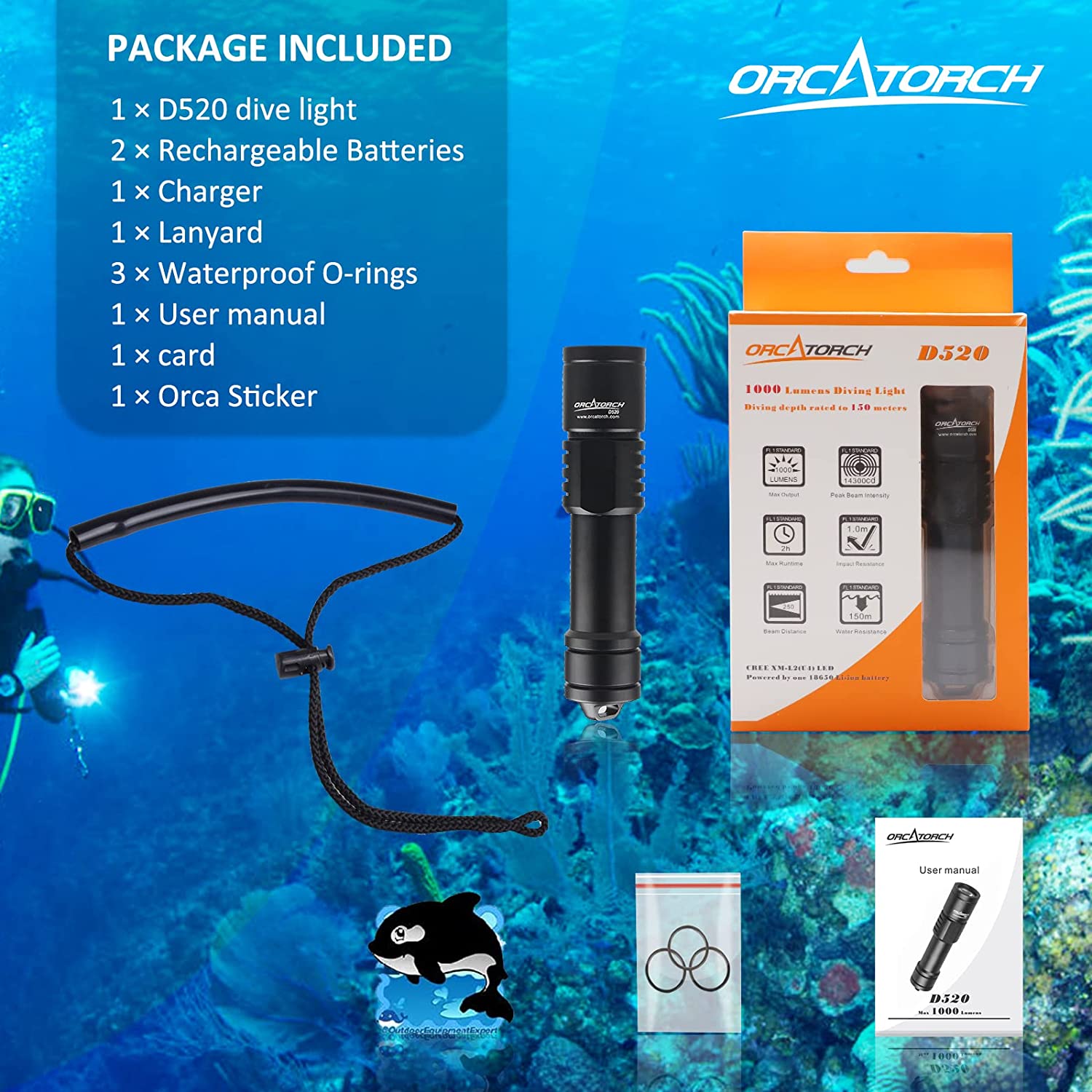 ORCATORCH D520 Scuba Diving Light 1000-Lumen Unerwater Flashlight Waterproof Torch