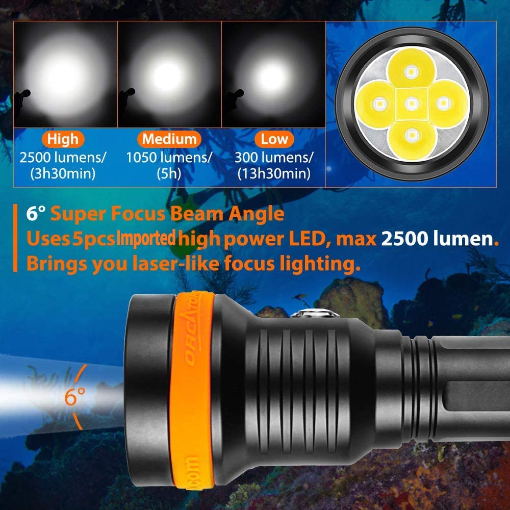 ORCATORCH D850 CREE LED 2500-Lumen Scuba Diving Light Underwater Flashlight Waterproof Torch